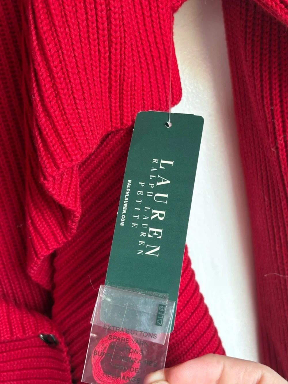 NWT Lauren Ralph Lauren Red Ribbed Cotton Cardigan Petite Large Button Front